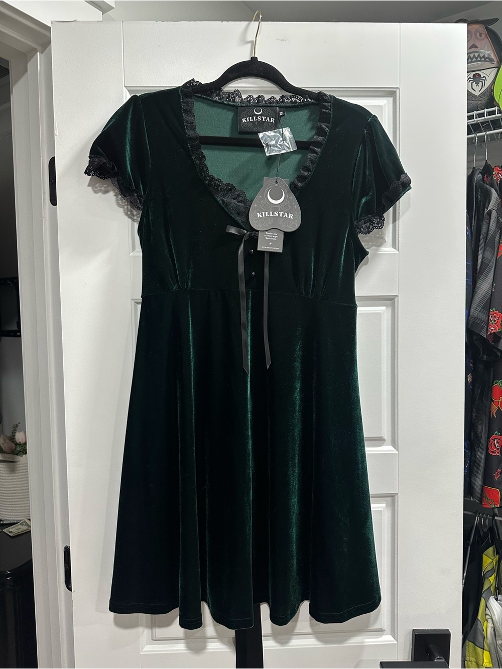 Killstar Dark Emerald Velvet Babydoll Dress with Black Lace Trim